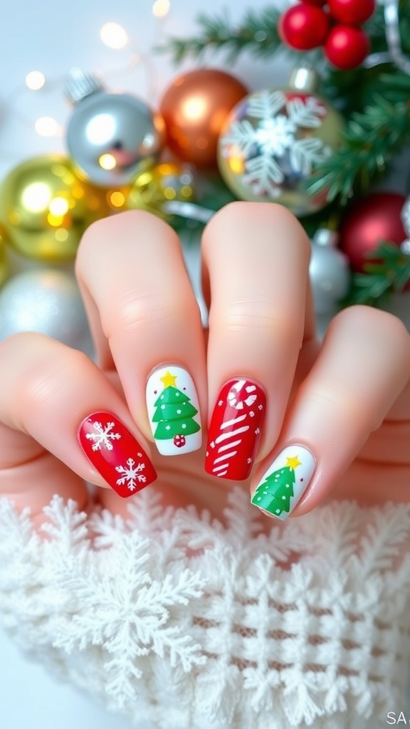 Easy Christmas Nail Art at Home Colorful Christmas nail art with snowflakes, trees, and candy canes on a festive background.